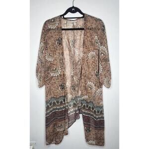 Knox Rose Kimono Cardigan Womens XS Tan Floral Sheer Boho Open Front Lace-Up